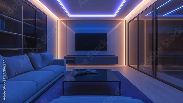 Obraz Modern living room with led strip lights. Contemporary house interior with comfortable sofa, table, bookshelf, tv. Stylish apartment design illuminated by blue, purple, yellow neon light, create cozy