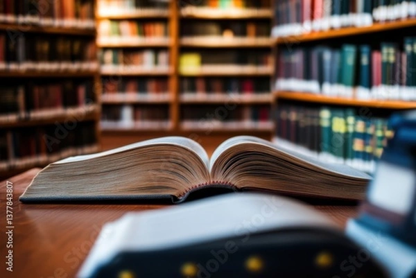 Fototapeta Open book on wooden table surrounded by shelves filled with books in a quiet library setting