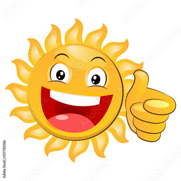 Fototapeta Thumbs Up Icon. Smiling Yellow Happy Sun Giving A Thumbs Up. Cartoon Vector Isolated On White Background. Smiling Sun Emoji. Smiling Sun.