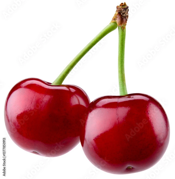 Fototapeta Cherry isolated png. Sour cherry on white or transparent background. Perfect retouched two cherries with leaves no background. Png cherry. Full depth of field.