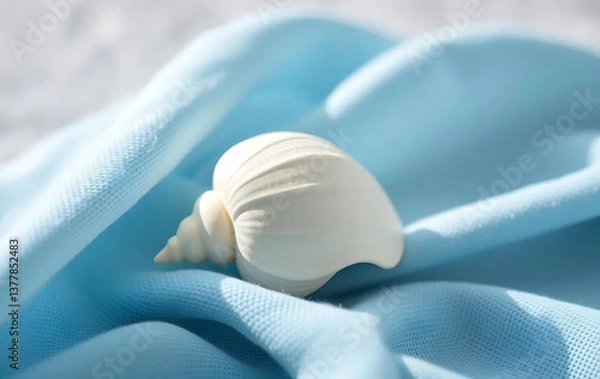 Obraz Single White Seashell on Blue Cloth