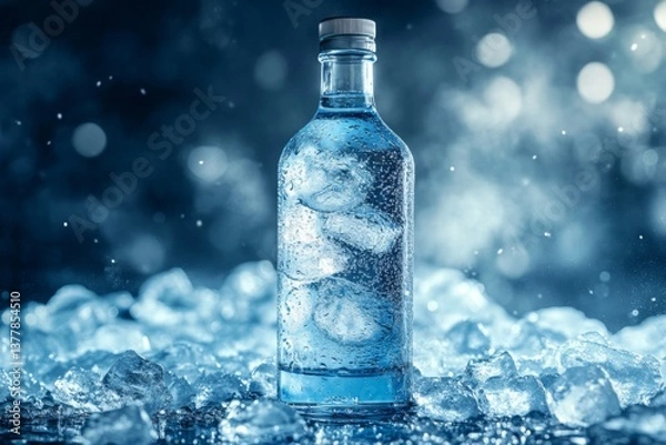 Fototapeta Condensation glistens on a sleek vodka bottle, resting amidst ice cubes in a cool, atmospheric environment, evoking a refreshing vibe Generative AI