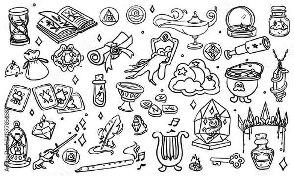 Fototapeta set of contoured black magic items from witchcraft, magic, doodle-style magic tools. Monochrome. Suitable for fantasy projects, books, games, and artwork related to magic, alchemy, mystical rituals.