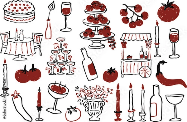Fototapeta Delightful collection of food and drink illustrations featuring cakes, fruits, and wine. Perfect for culinary themes and festive occasions
