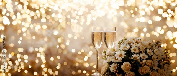 Obraz white flowers and 2 glasses of champagne isolated over festive golden shiny bokeh effect background; concept of wedding party, invite to festive event, new year celebration; copy space
