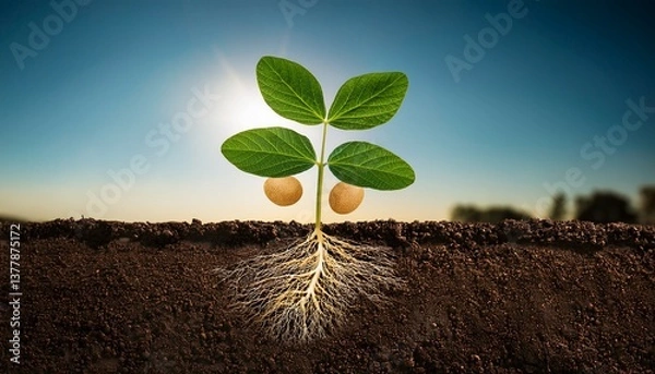 Fototapeta illustration of soybean plant with roots in the soil ai generated image