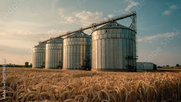 Obraz Modern grain silos in a wheat field under clear sky. Agricultural storage and farming concept.