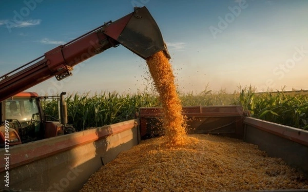 Obraz Tractor unloading corn into a grain truck during harvest on a rural farm. Agricultural logistics and harvest concept.