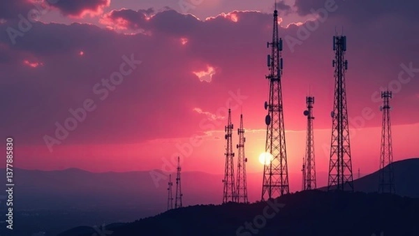 Fototapeta Sunset skies illuminate communication towers against striking pink clouds