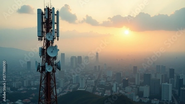 Fototapeta Telecommunication tower overlooking urban skyline at sunset