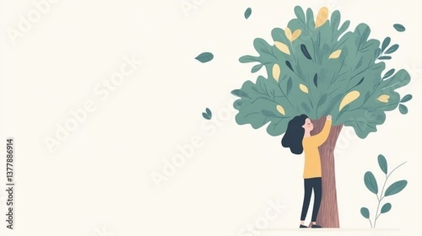 Fototapeta A person hugging a tree with green foliage isolated on white background. Nature conservation, love for nature concept