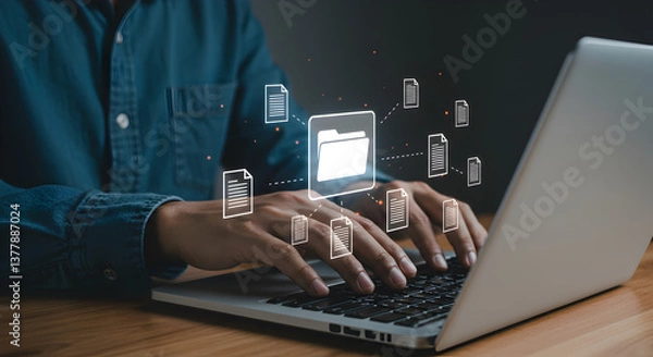 Fototapeta Man Typing on Laptop with Digital Document Icons on Dark Background