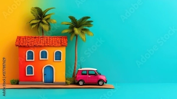 Fototapeta Cartoon house, car, & palm trees against vibrant yellow & blue background