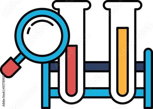 Fototapeta A drawing of a microscope with a magnifying glass and a pair of test tubes