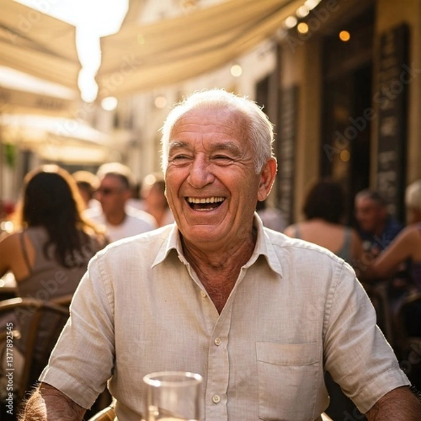 Fototapeta An elderly man laughing heartily at a café