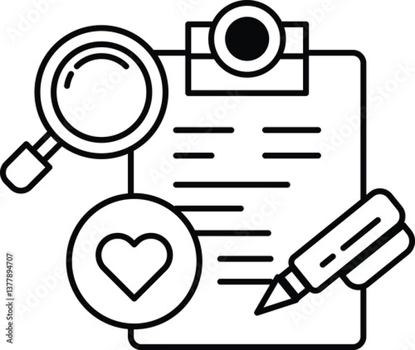 Fototapeta piece of paper with a magnifying glass a pen and a heart