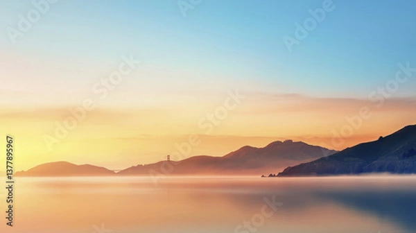 Fototapeta serene landscape featuring tranquil seascape at sunrise, with soft pastel colors illuminating sky and reflecting on calm water