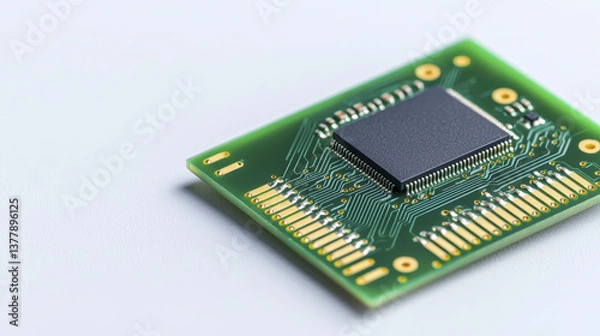 Fototapeta close up view of green circuit board featuring microchip, showcasing intricate electronic components and connections, symbolizing technology and