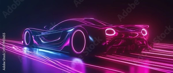 Fototapeta Futuristic sports car engulfed in vibrant neon flames, glowing with iridescent light. A dynamic, abstract digital masterpiece with a striking, colorful composition.
