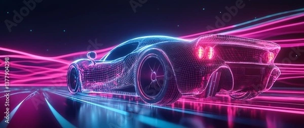 Fototapeta Futuristic sports car engulfed in vibrant neon flames, glowing with iridescent light. A dynamic, abstract digital masterpiece with a striking, colorful composition.