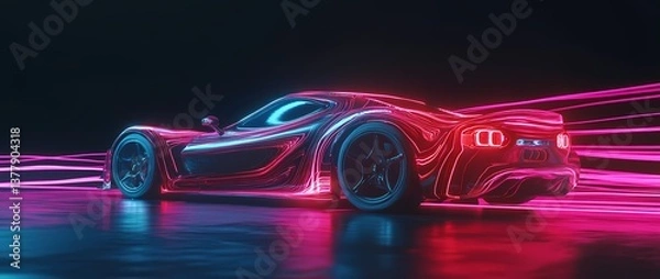Fototapeta Futuristic sports car engulfed in vibrant neon flames, glowing with iridescent light. A dynamic, abstract digital masterpiece with a striking, colorful composition.