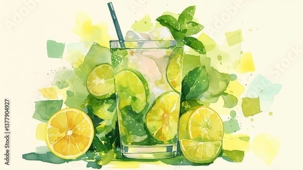 Obraz A lively hand-painted watercolor illustration of a refreshing cocktail with mint, lemon, and ice, capturing the essence of summer vibes.
