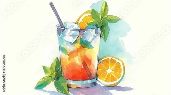 Obraz A lively hand-painted watercolor illustration of a refreshing cocktail with mint, lemon, and ice, capturing the essence of summer vibes.