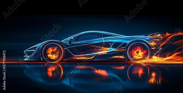 Fototapeta Futuristic sports car engulfed in vibrant neon flames, glowing with iridescent light. A dynamic, abstract digital masterpiece with a striking, colorful composition.