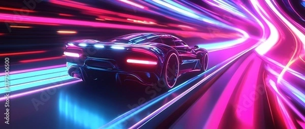 Fototapeta Futuristic sports car engulfed in vibrant neon flames, glowing with iridescent light. A dynamic, abstract digital masterpiece with a striking, colorful composition.
