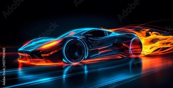 Fototapeta Futuristic sports car engulfed in vibrant neon flames, glowing with iridescent light. A dynamic, abstract digital masterpiece with a striking, colorful composition.