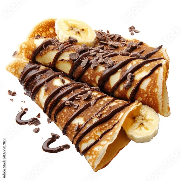 Fototapeta Delicious crepes filled with banana and drizzled with chocolate sauce on a Transparent background, Crepes with chocolate and banana, isolated on PNG background