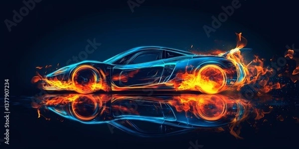 Fototapeta Futuristic sports car engulfed in vibrant neon flames, glowing with iridescent light. A dynamic, abstract digital masterpiece with a striking, colorful composition.