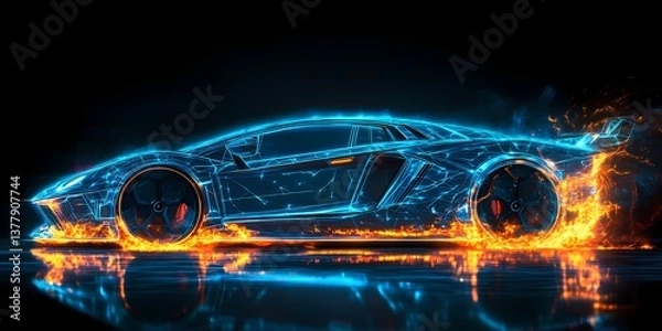 Fototapeta Futuristic sports car engulfed in vibrant neon flames, glowing with iridescent light. A dynamic, abstract digital masterpiece with a striking, colorful composition.