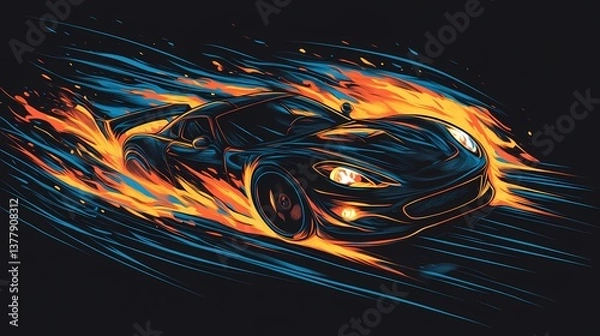 Fototapeta Futuristic sports car engulfed in vibrant neon flames, glowing with iridescent light. A dynamic, abstract digital masterpiece with a striking, colorful composition.