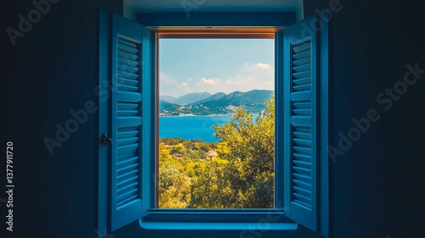 Obraz Open blue shuttered window overlooking a scenic view of the ocean and distant mountains on a sunny day