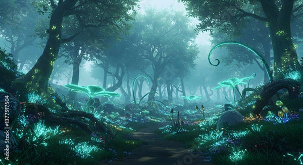 Obraz A mystical, glowing forest with vibrant, bioluminescent plants and trees, creating a surreal, enchanting atmosphere that transports viewers into a magical, otherworldly landscape.