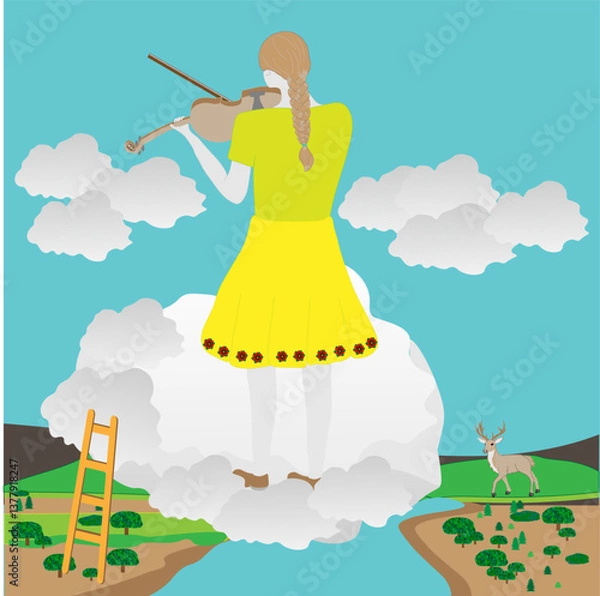 Fototapeta Dreaming violinist against the background of sky and clouds. Vector illustration