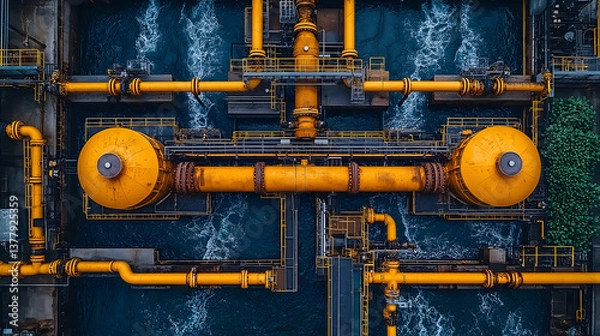 Obraz Aerial view of industrial facility with vibrant orange pipes and water recycling systems, showcasing efficient closed loop water management. intricate network highlights sustainability
