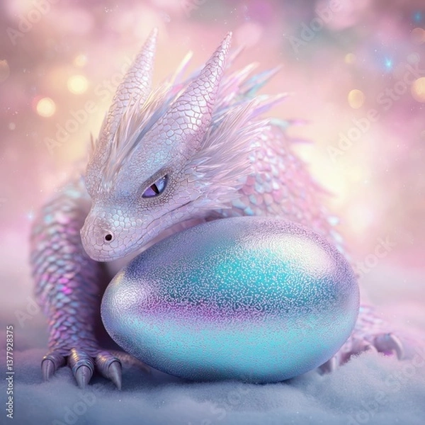 Fototapeta Iridescent dragon rests peacefully on a shimmering pastel egg, surrounded by soft bokeh background. Creative Easter celebration concept with copy space.