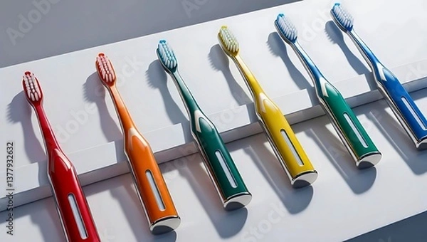 Obraz 電動歯ブラシのカラーバリエーション、赤、オレンジ、グリーン、イエロー、ブルー