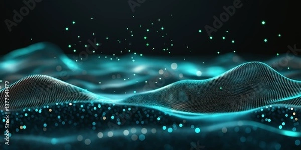 Fototapeta Background with glowing green lines and particles of data flowing in the air. abstract technology background. green wave tech background