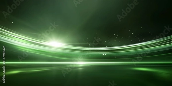 Obraz Background with glowing green lines and particles of data flowing in the air. abstract technology background. green wave tech background