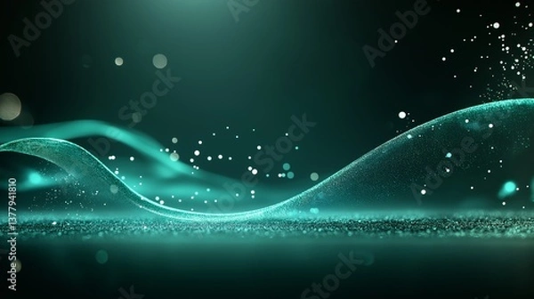 Fototapeta Background with glowing green lines and particles of data flowing in the air. abstract technology background. green wave tech background