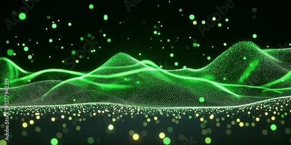 Fototapeta Background with glowing green lines and particles of data flowing in the air. abstract technology background. green wave tech background