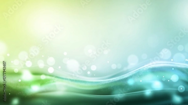 Fototapeta Background with glowing light blue and green lines, particles of data flowing in the air. abstract technology background. green wave tech background