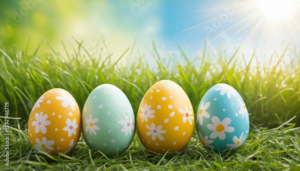 Obraz Four painted Easter eggs on a spring day with a green meadow, bright sunlight and warm background colour with space for text