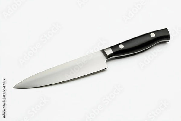 Obraz Chef’s knife with black handle on white background, professional kitchen tool, sharp stainless steel blade, culinary preparation concept, minimalist style, copy space, selective focus
