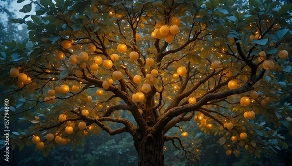 Fototapeta A tree that grows glowing fruits. 