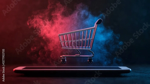Fototapeta Futuristic holographic shopping cart concept with technology and innovation design