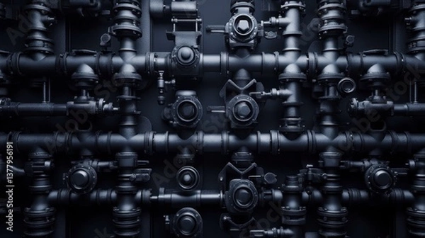 Fototapeta An intricate network of steel pipes and valves, partially illuminated against a black background.